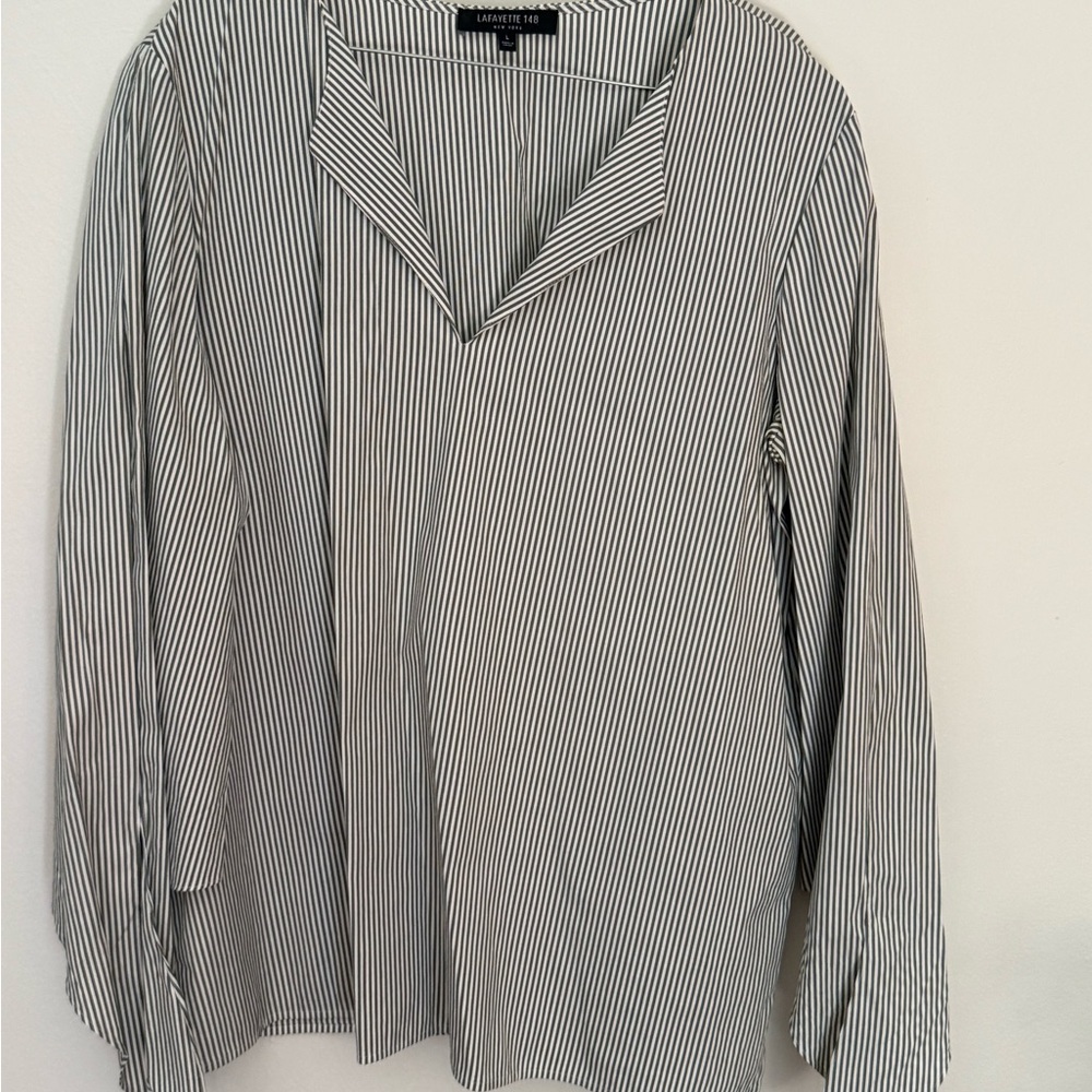 Lafayette 148 New York Grey and White Striped Casual Shirt Size L